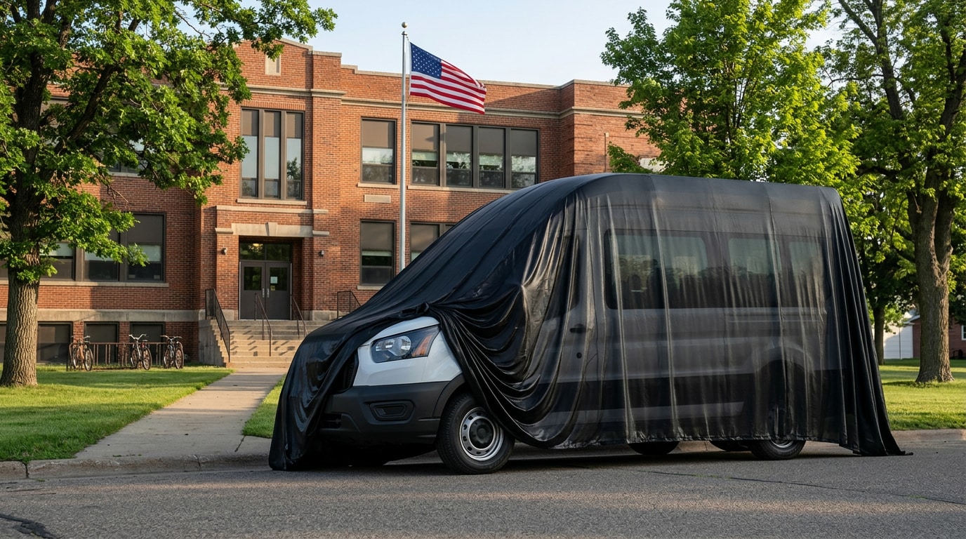 2027 Ford Transit Passenger Van concept parked outside a small-town Minnesota brick school &mdash; reserve yours at Jay Malone Ford