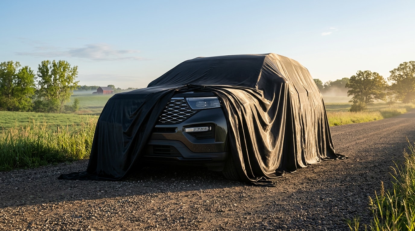 2027 Ford SUV under a glossy black cover beginning to lift at sunrise on a rural Minnesota road — the 2027 reveal is starting