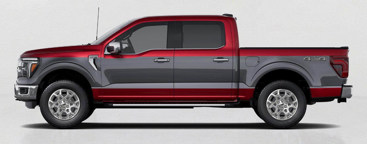 Side profile of a 2027 Ford F-150 SuperCrew in Ruby Red with the Custom Two-Tone Carbonized Gray bodyside paint stripe