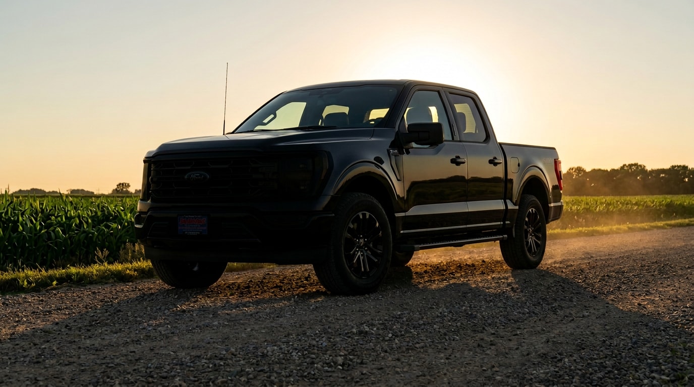 2027 Ford F-150 reservation at Jay Malone Ford — F-150 backlit at golden hour on a gravel road in rural Minnesota