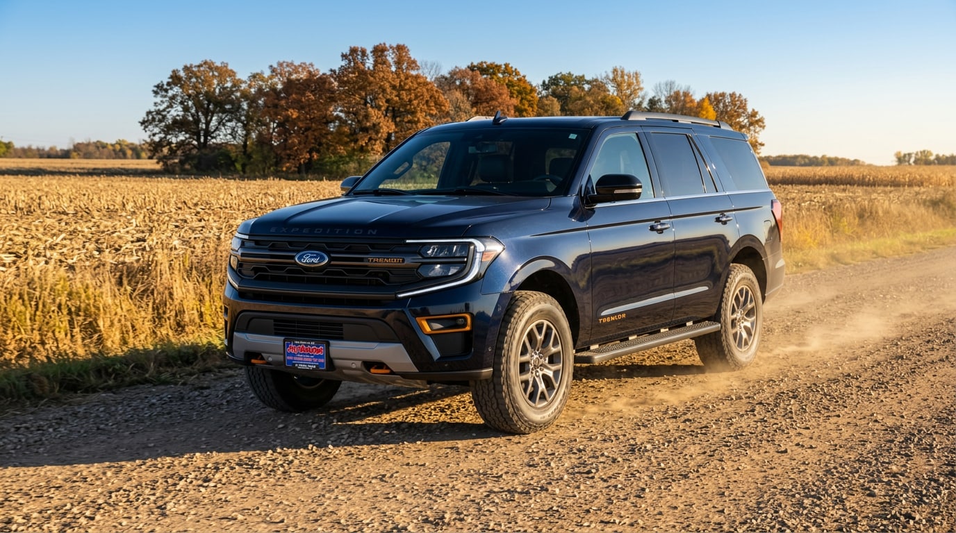 2027 Ford Expedition Tremor in Nocturnal Blue Metallic on a central Minnesota gravel road in autumn