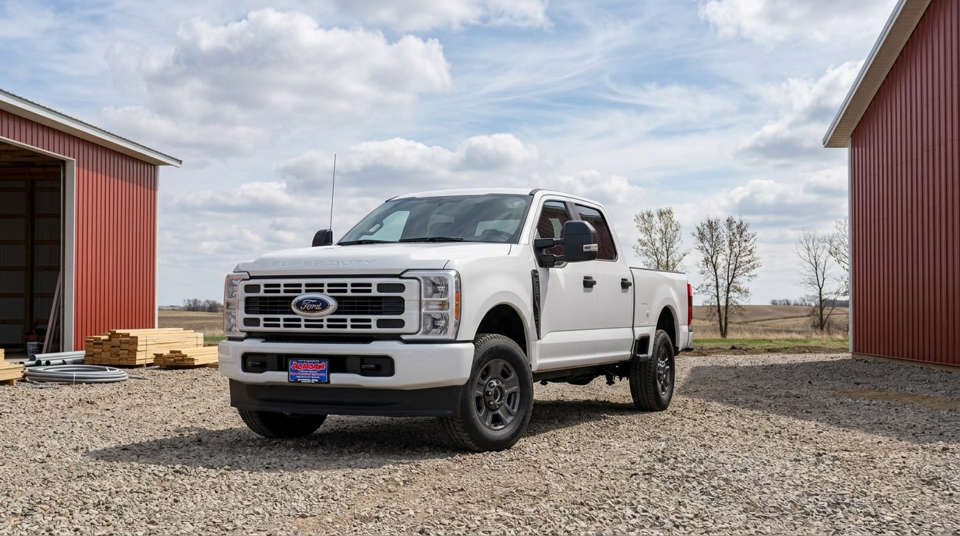 2027 Ford Super Duty XL STX parked at a clean rural Minnesota worksite, available to reserve at Jay Malone Ford in Hutchinson MN