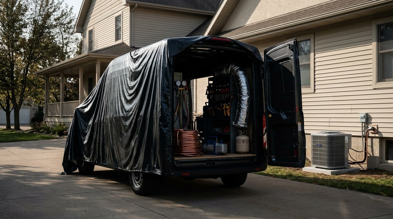2027 Ford Transit cargo van at an HVAC service call in a Minnesota residential driveway &mdash; reserve yours at Jay Malone Ford