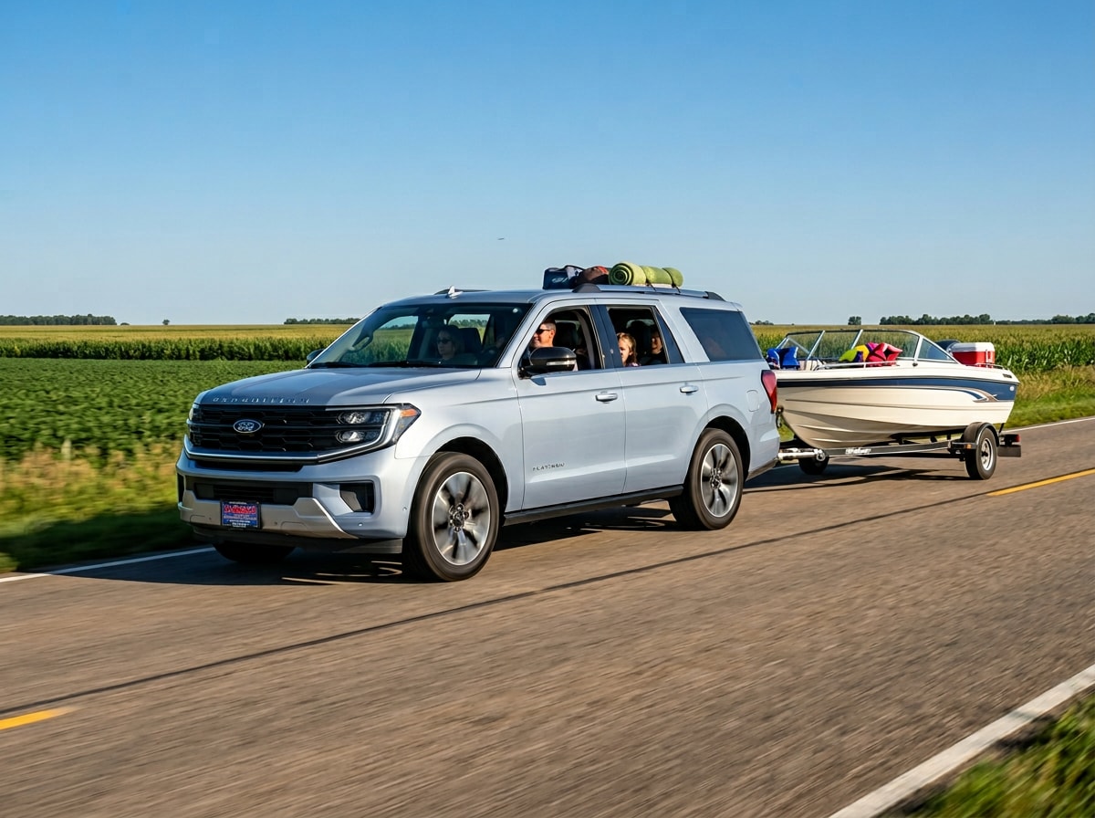 2026 Ford Expedition MAX towing a boat at Jay Malone Ford in Hutchinson, MN