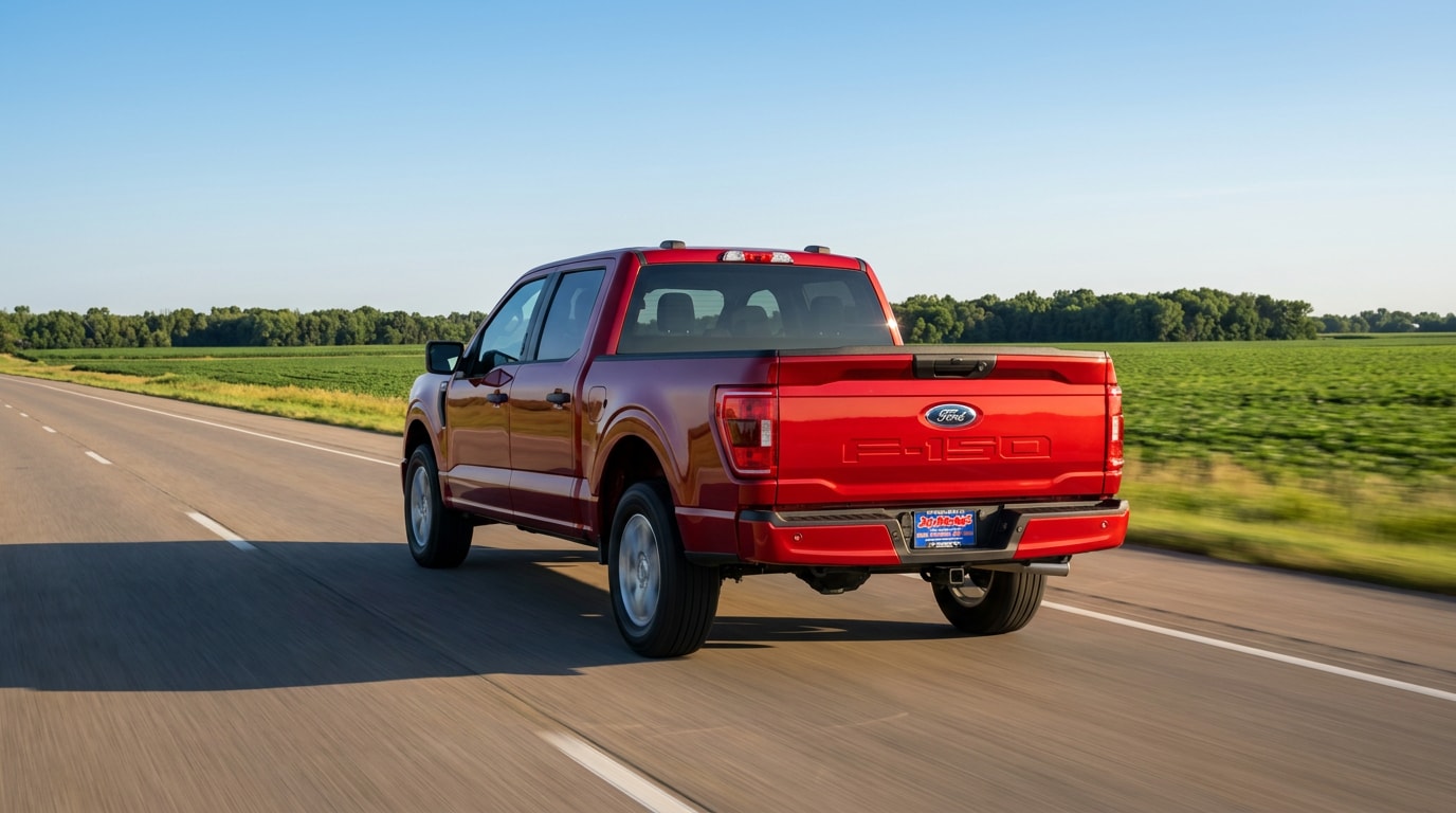 Ford F-150 driving on a central Minnesota highway &mdash; 2027 F-150 engine options from Jay Malone Ford in Hutchinson, MN