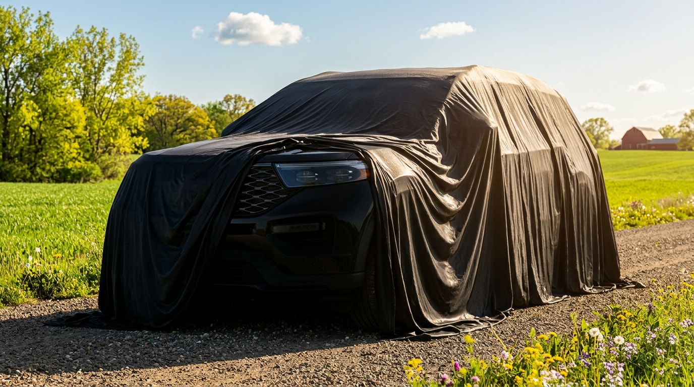 2027 Ford Explorer Tremor concept under a glossy black cover on a rural Minnesota gravel road at golden hour &mdash; reserve yours at Jay Malone Ford
