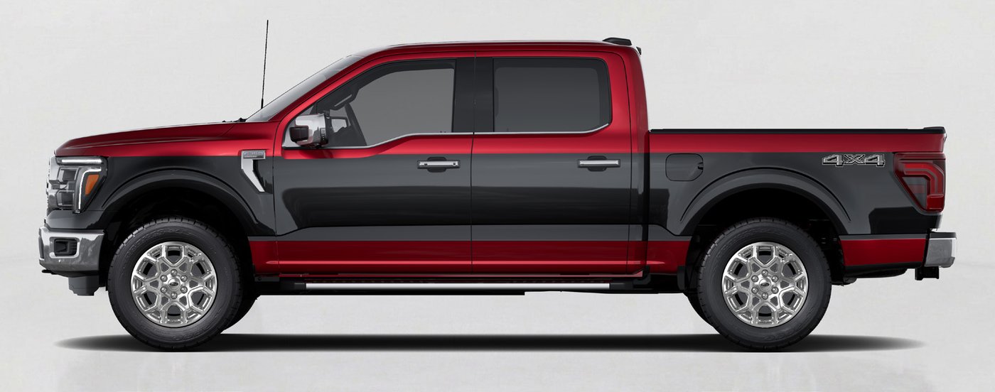 Side profile of a 2027 Ford F-150 SuperCrew in Ruby Red with the Custom Two-Tone Agate Black bodyside paint stripe