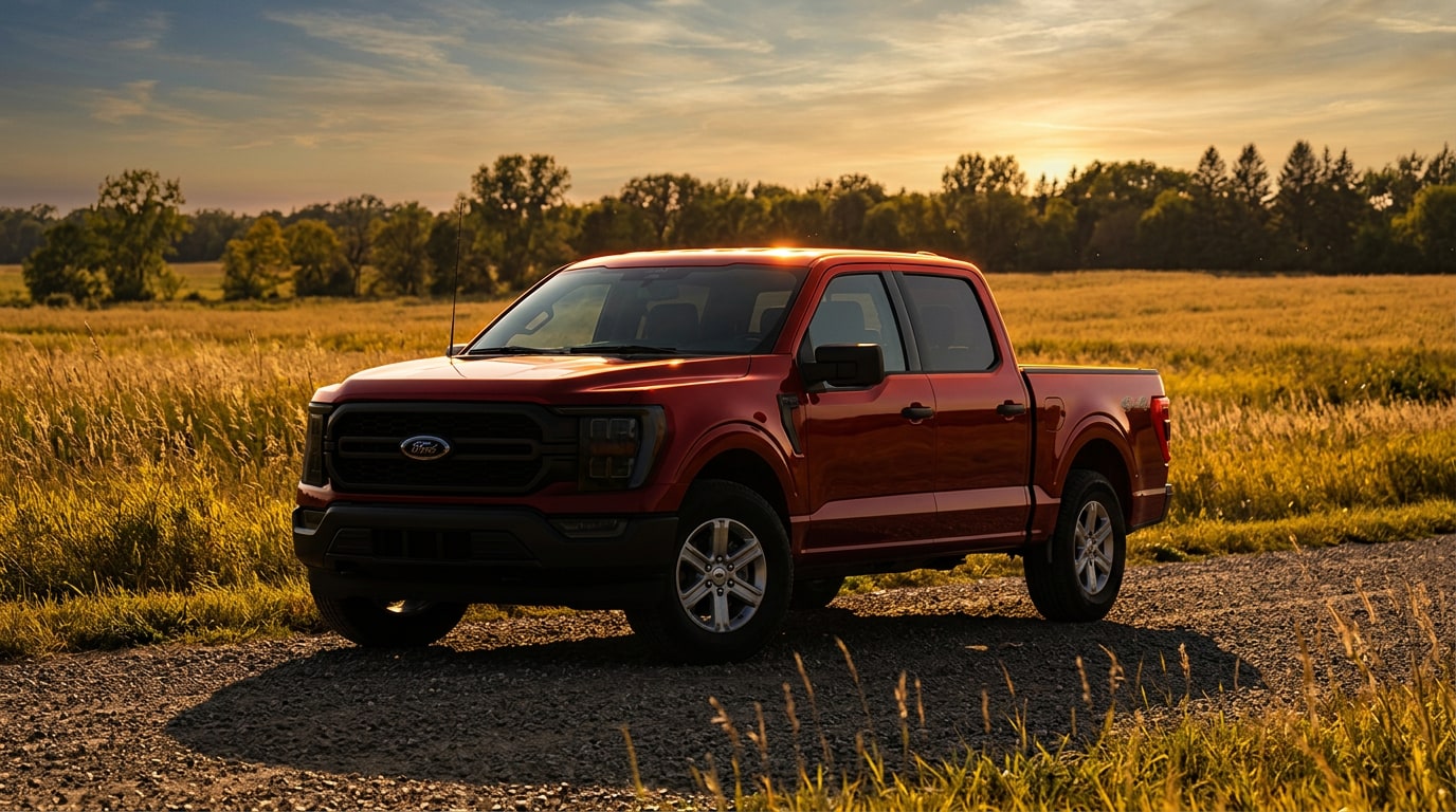 Ford F-150 parked at golden hour on a gravel approach in rural Minnesota &mdash; 2027 vs 2026 F-150 at Jay Malone Ford in Hutchinson, MN