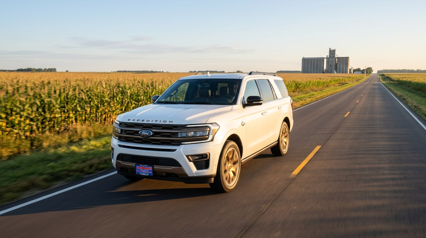 2027 Ford Expedition King Ranch in Star White Metallic Tri-Coat on a central Minnesota highway
