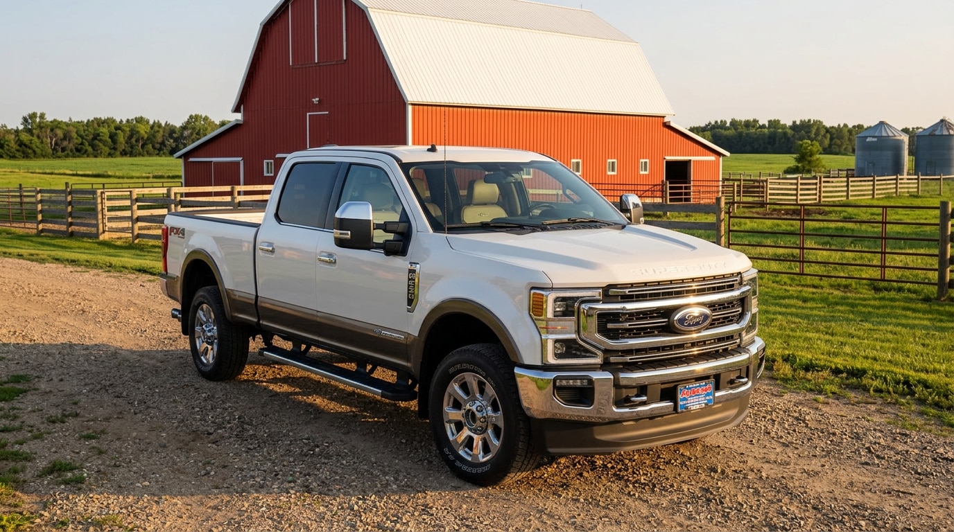 2027 Ford Super Duty King Ranch parked at a central Minnesota family farm with a red barn at golden hour, available to reserve at Jay Malone Ford in Hutchinson MN