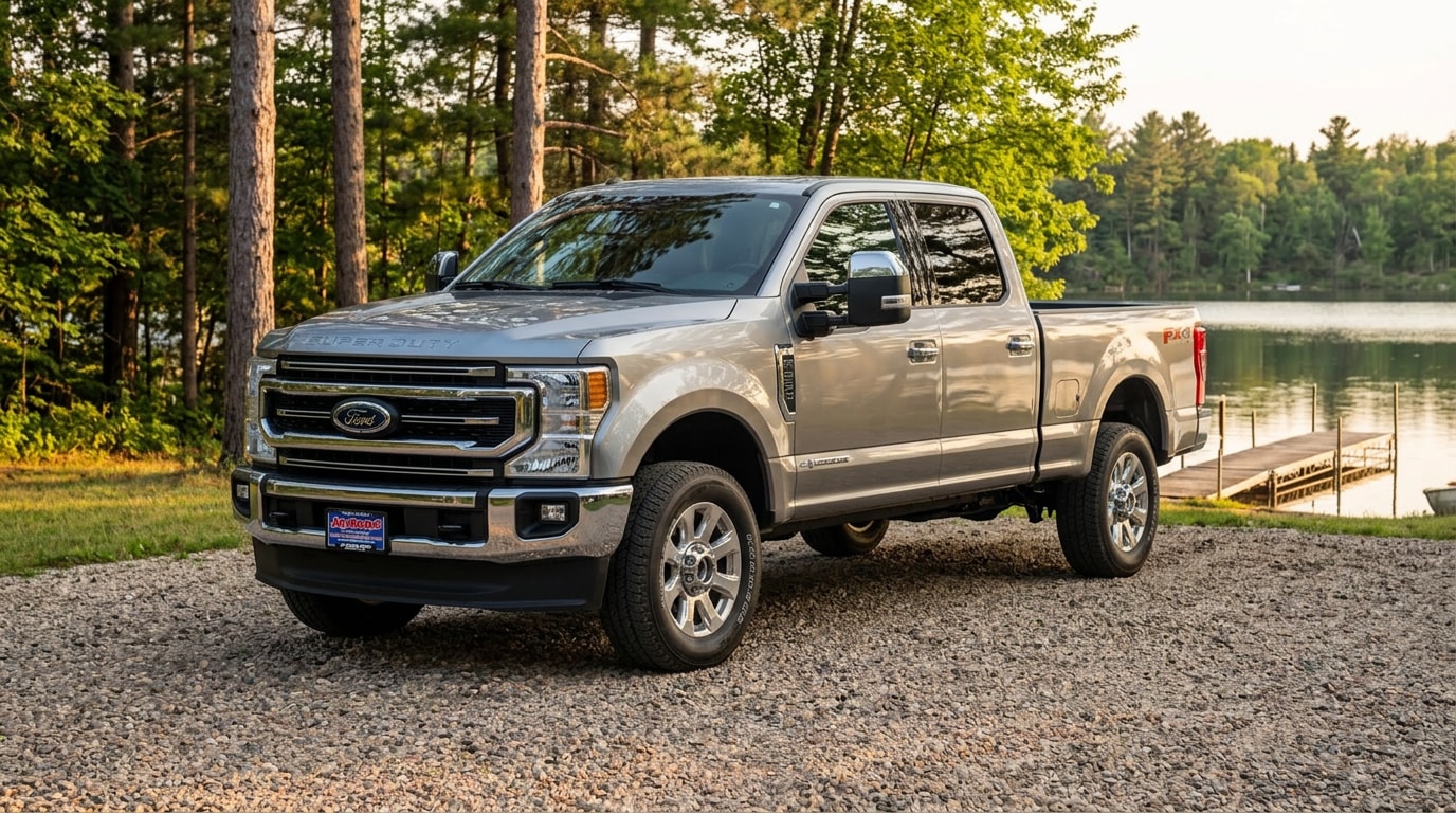 2027 Ford Super Duty Lariat parked at a wooded Minnesota lake place at warm evening light, available to reserve at Jay Malone Ford in Hutchinson MN