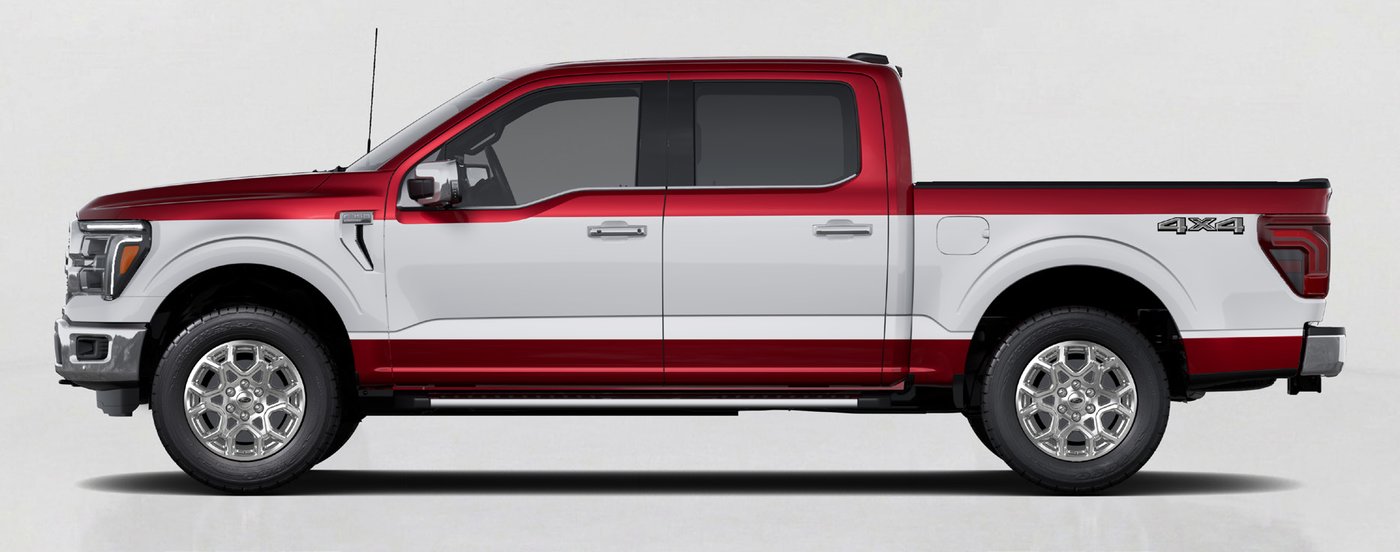 Side profile of a 2027 Ford F-150 SuperCrew in Ruby Red with the Custom Two-Tone Oxford White bodyside paint stripe