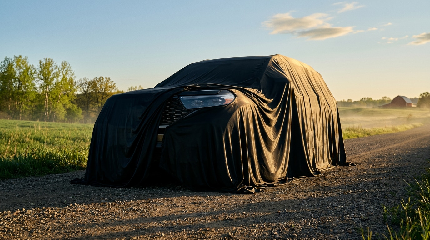 2027 Ford Explorer under a glossy black cover starting to lift on a rural Minnesota road in late spring — reserve yours at Jay Malone Ford