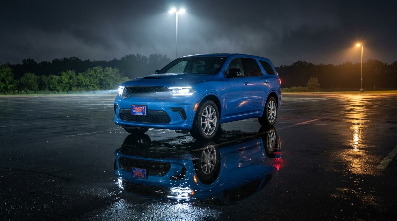 2027 Dodge Durango on wet pavement at night — eight-trim HEMI V8 three-row SUV available now at Jay Malone CDJR in Hutchinson, MN