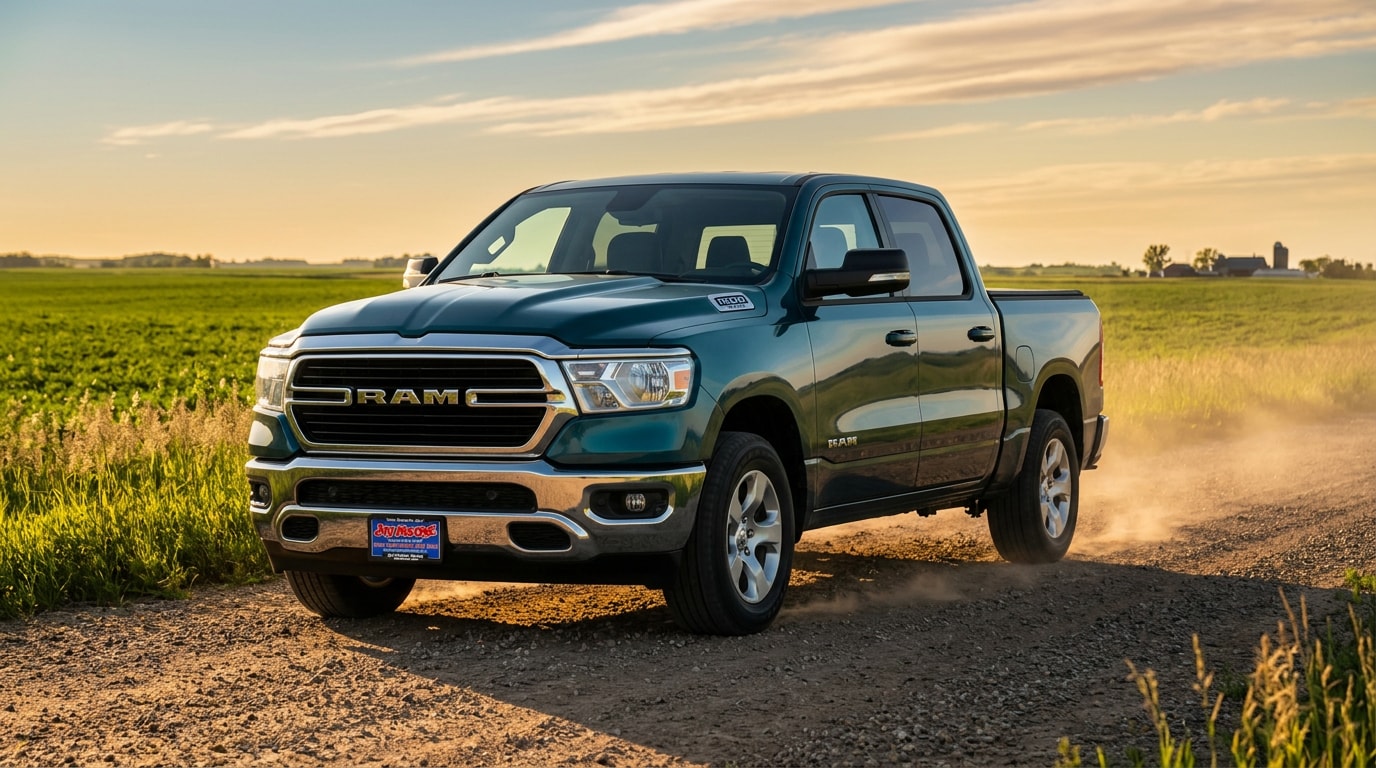 2027 Ram 1500 arriving on a Minnesota gravel road at golden hour, kicking up light dust