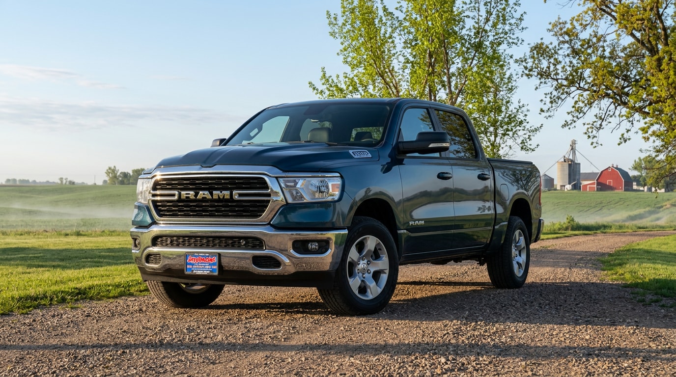 2027 Ram 1500 parked on a rural Minnesota gravel road in late spring