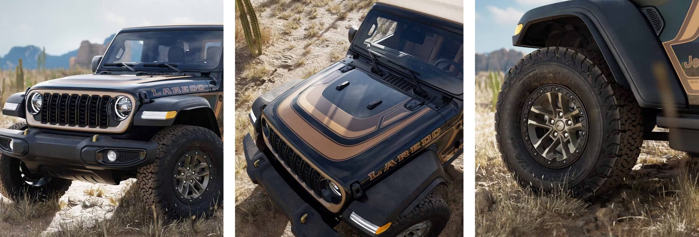 Detail views of the 2027 Jeep Wrangler Laredo showing the seven-slot Gobi accent grille, Laredo hood and bodyside decals, and bronze wheels