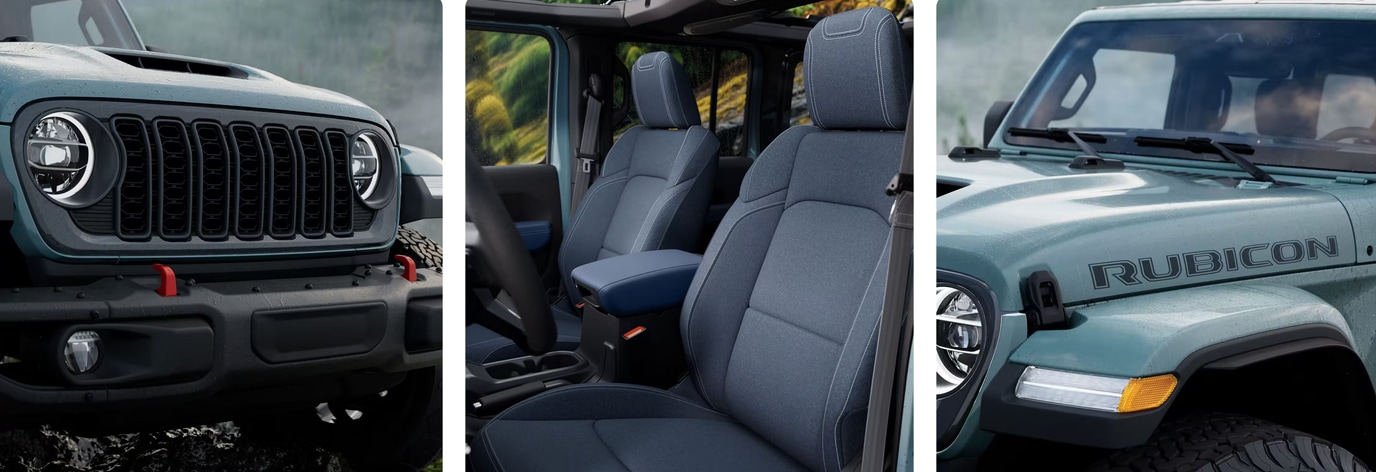 2026 Jeep Wrangler Rockslide details including Anvil grille, Jean Blue interior, and Blue Agave decals