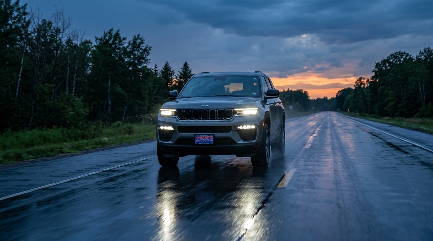 2027 Jeep Grand Cherokee driving on a wet central Minnesota highway at dusk after a storm &mdash; now open for orders at Jay Malone CDJR in Hutchinson, MN