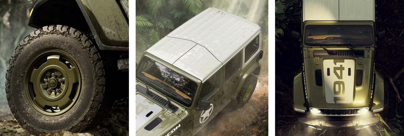 Close-up details of the 2027 Jeep Wrangler Sarge including the 41 Green painted 17-inch wheel, contrasting painted hardtop, and 1941 hood decal