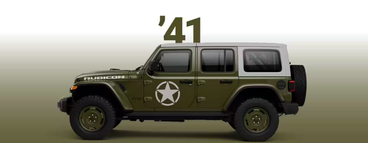 2027 Jeep Wrangler Sarge Rubicon in &rsquo;41 Green with Bright White painted hardtop and grille surround