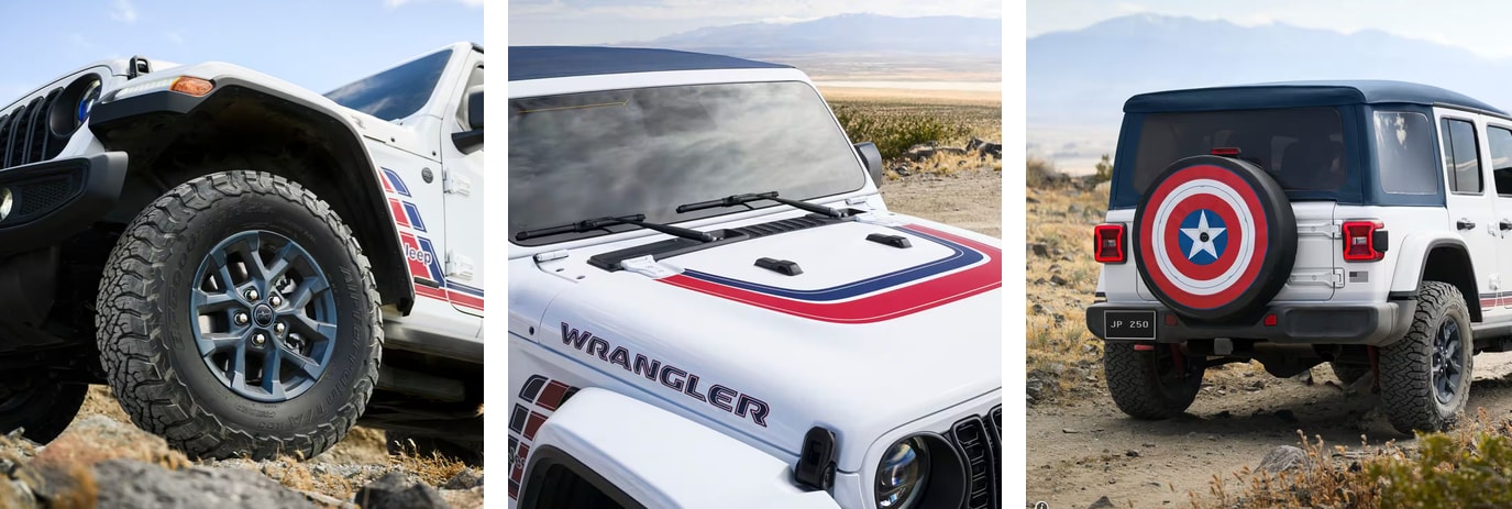 2026 Jeep Wrangler America250 Edition in Bright White with patriotic decals, a Twelve 4 Twelve drop