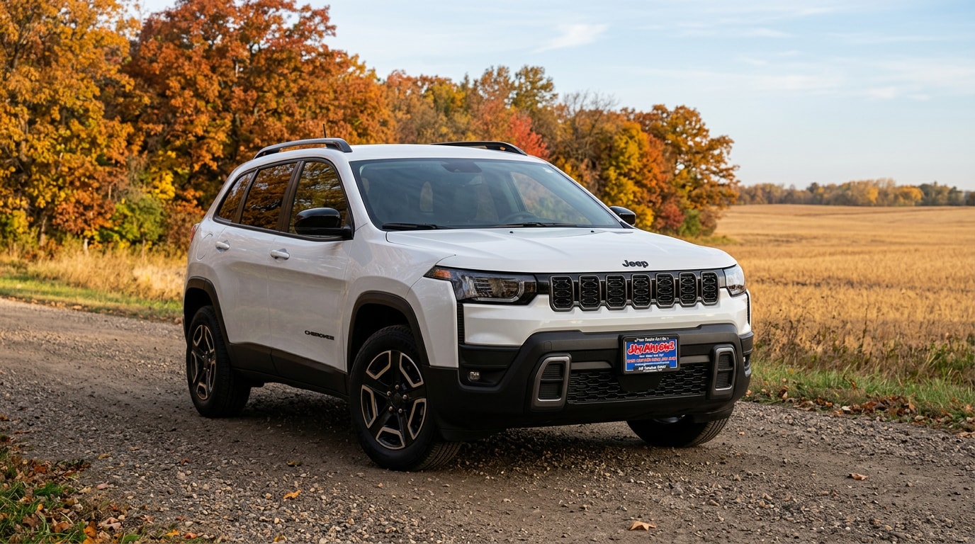 2026 Jeep Cherokee hybrid parked on a central Minnesota road near Hutchinson