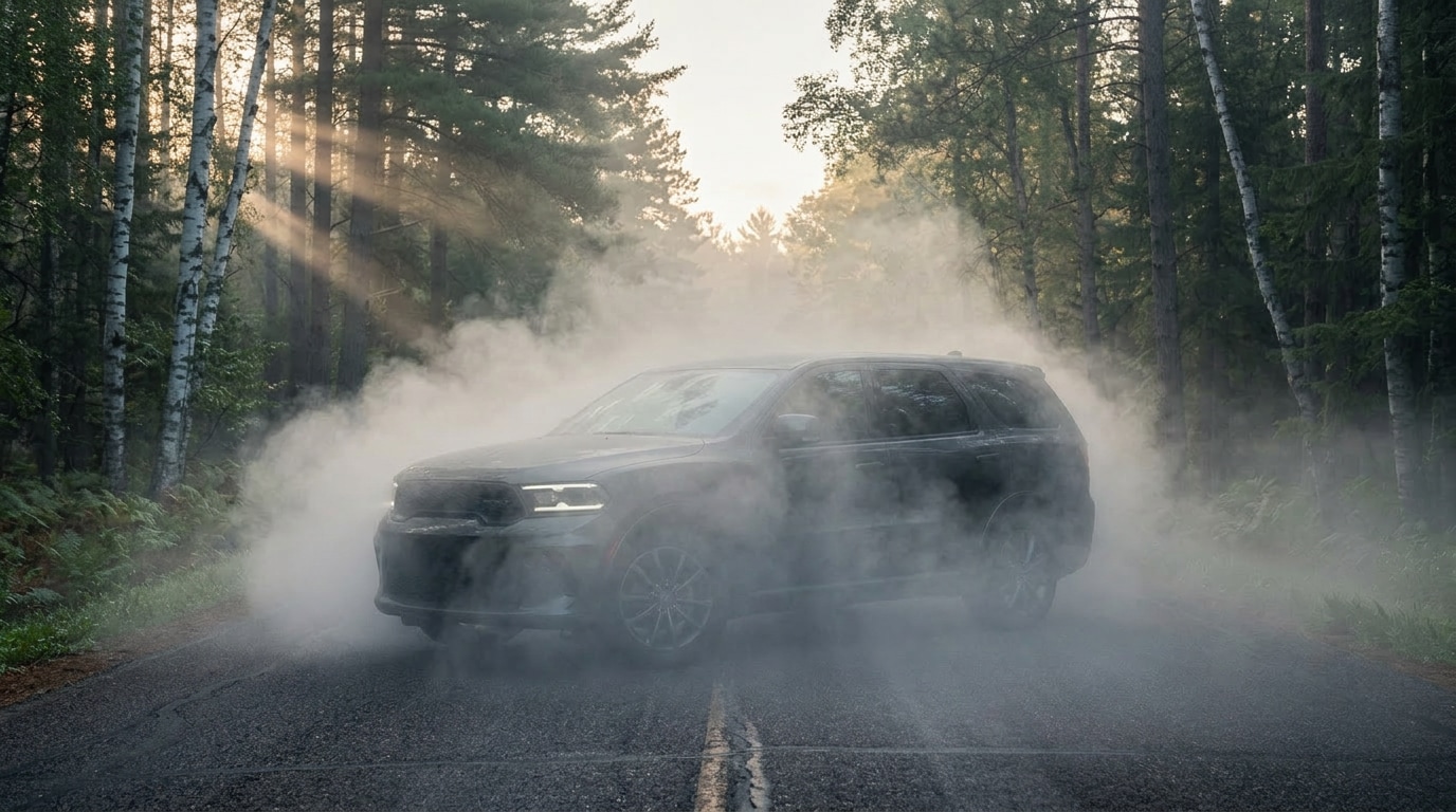 2026 Dodge Durango SRT Hellcat sharp in foreground next to the 2027 Durango obscured in fog &mdash; end of the Hellcat and R/T 392 era at Jay Malone CDJR in Hutchinson MN