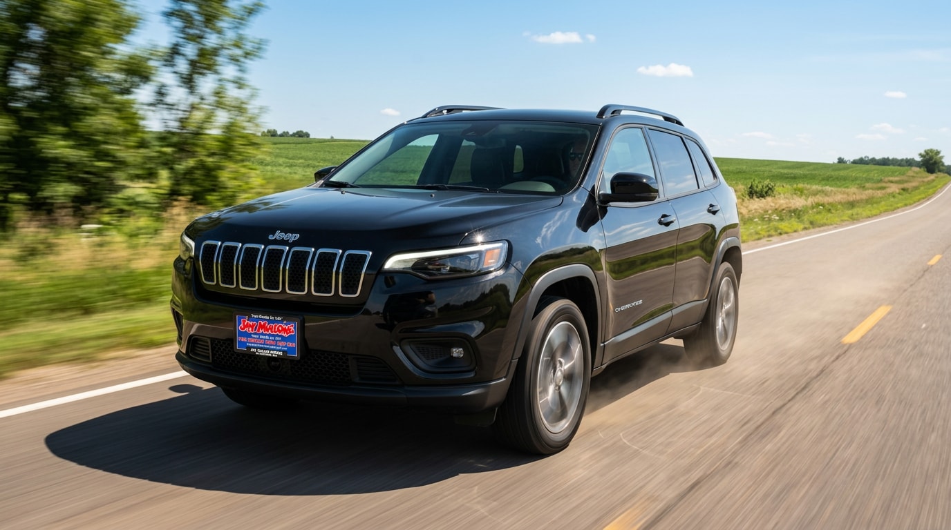 2026 Jeep Cherokee hybrid driving on a central Minnesota road in summer