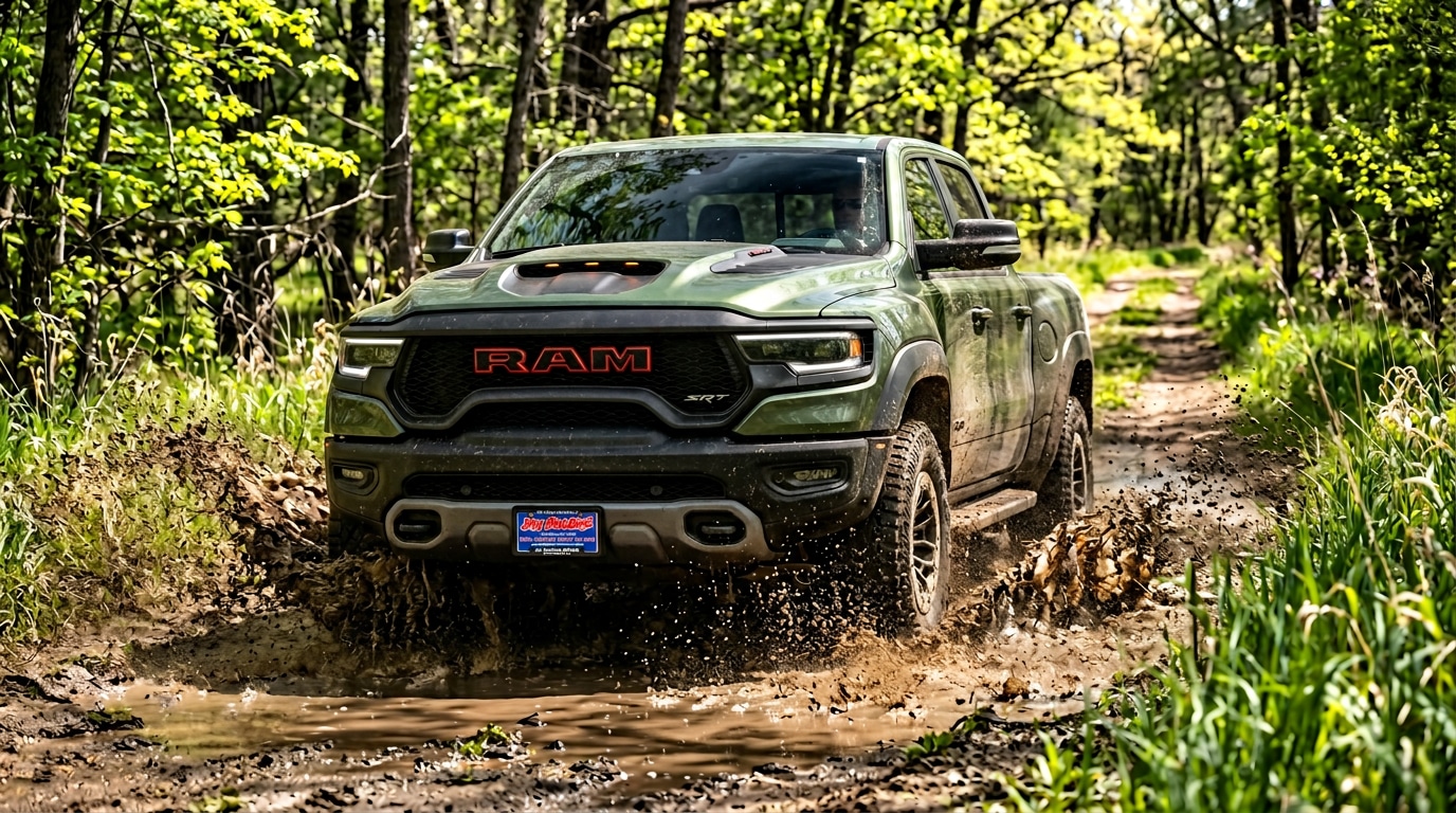 2027 Ram 1500 off-road truck splashing through a muddy trail in a Minnesota tree line