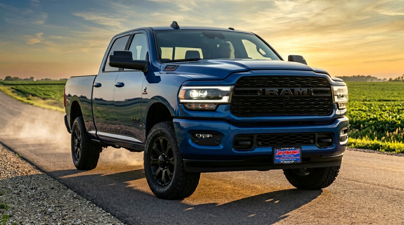 2027 Ram 1500 muscle truck with an aggressive stance on a Minnesota road at golden hour