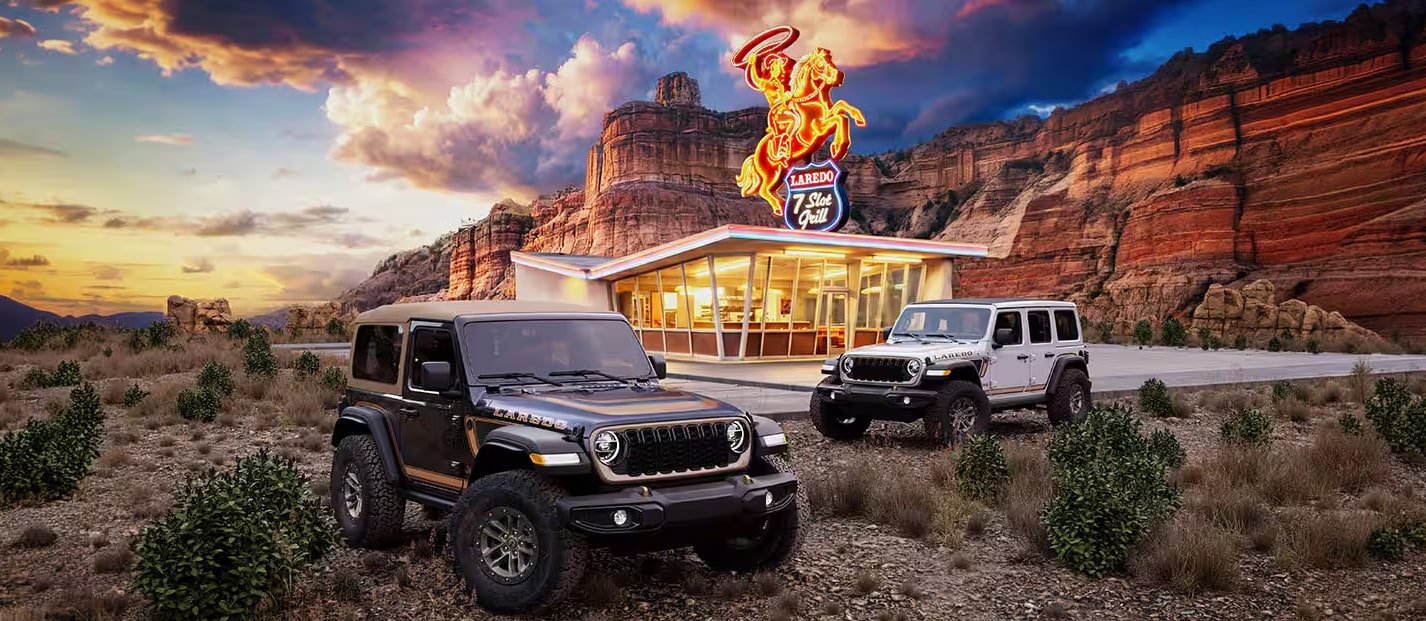 2027 Jeep Wrangler Laredo with Laredo hood decals, bronze accents and the returning tan soft-top