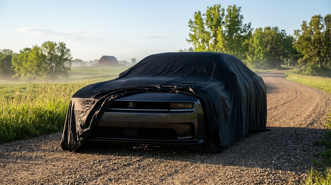 2027 Dodge Charger under a cover on a Minnesota gravel road at sunrise, front beginning to reveal