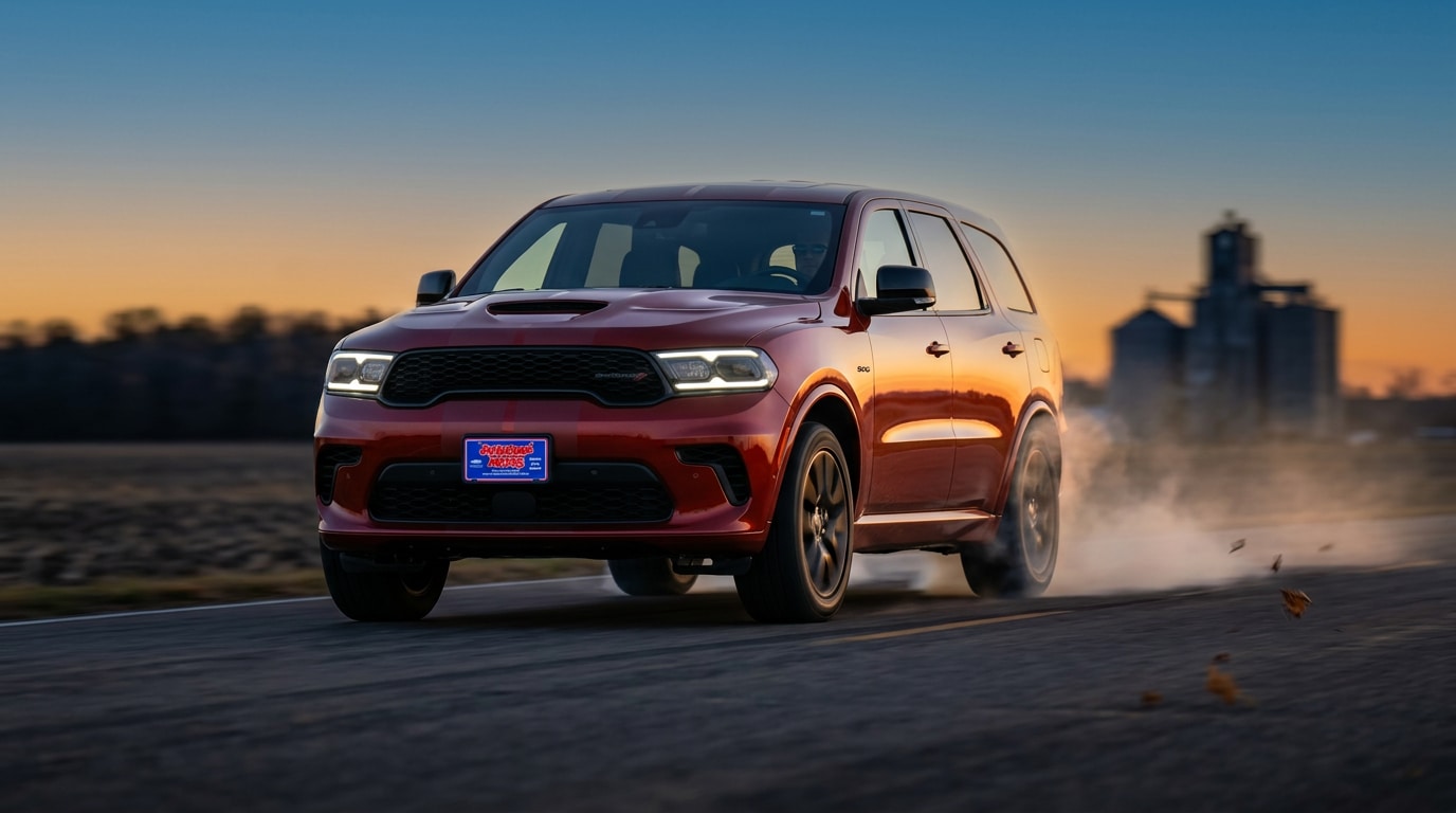 2027 Dodge Durango launching hard on a rural Minnesota highway at dusk &mdash; three HEMI V8 engines available at Jay Malone CDJR in Hutchinson, MN