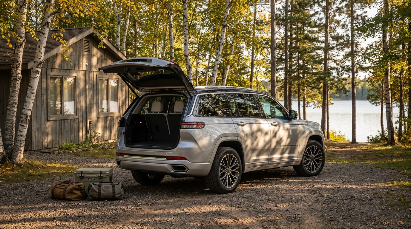 2027 Jeep Grand Cherokee L parked at a lake cabin in central Minnesota with the liftgate open &mdash; three-row seven-passenger SUV available at Jay Malone CDJR in Hutchinson, MN