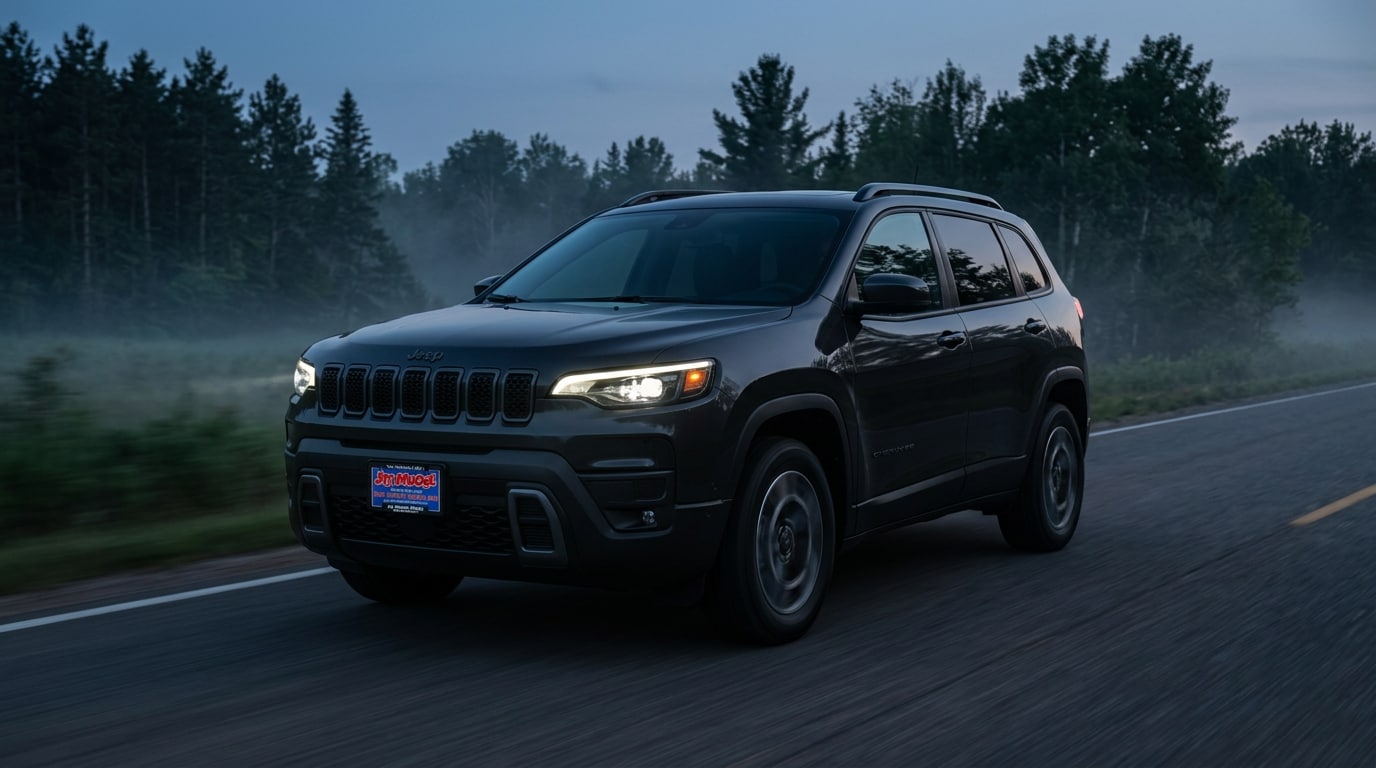 2027 Jeep Cherokee hybrid driving on a central Minnesota road at dusk