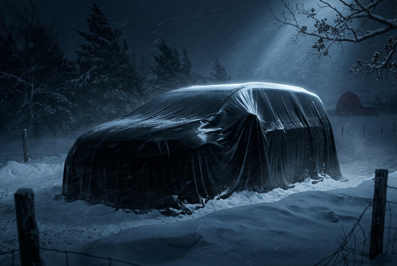 2027 Chrysler Pacifica under a cover in a Minnesota night blizzard — reservation pre-reveal at Jay Malone CDJR in Hutchinson MN