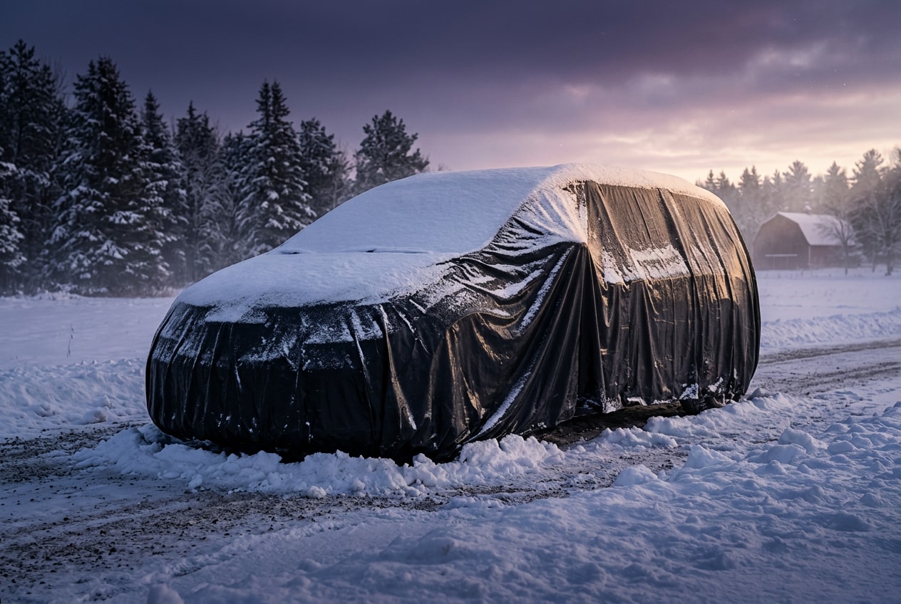 2027 Chrysler Pacifica covered at dawn after a Minnesota snowstorm - 2027 vs 2026 comparison at Jay Malone CDJR in Hutchinson MN