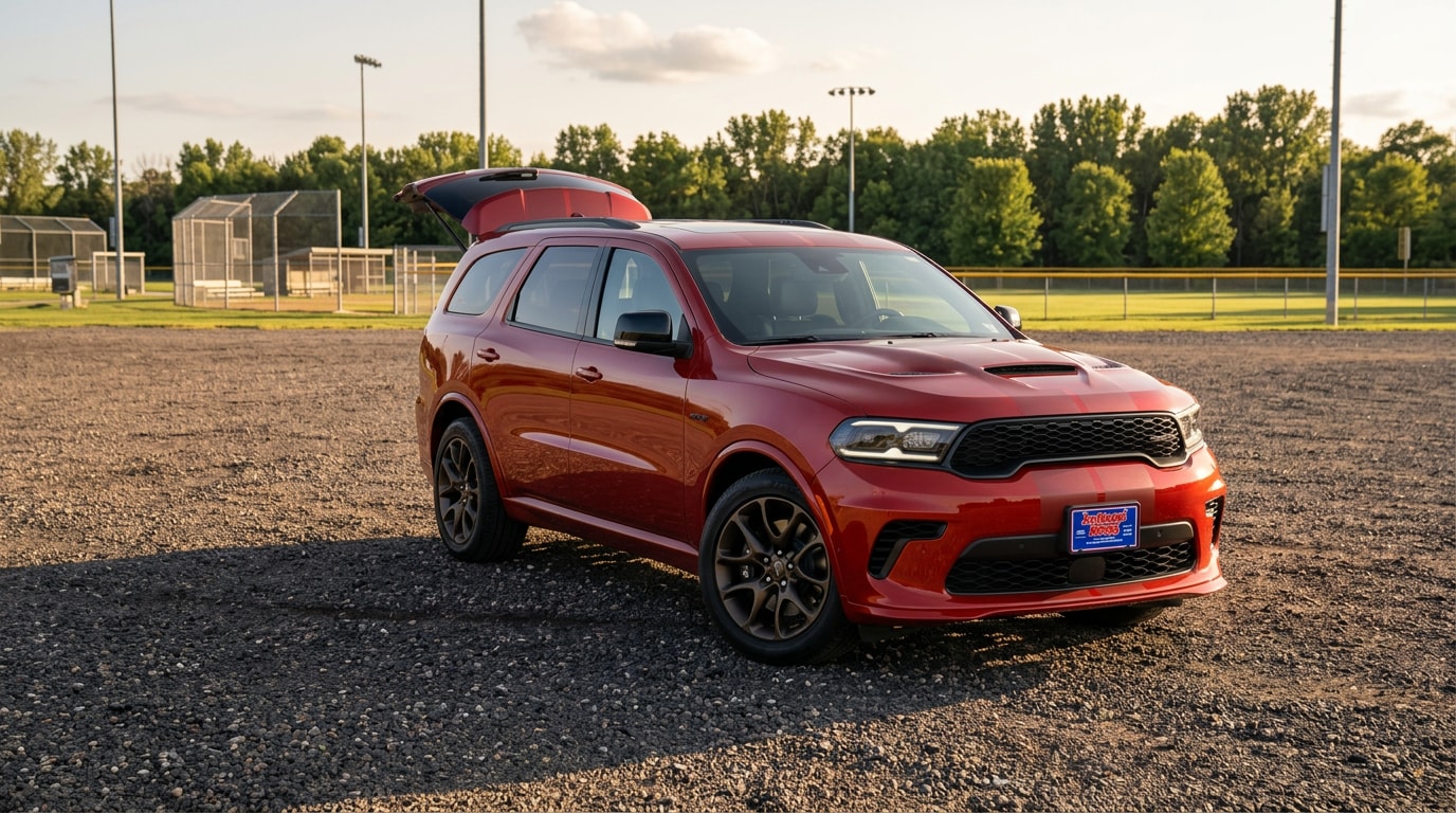 2027 Dodge Durango loaded for the weekend with the liftgate open &mdash; three-row seven-passenger SUV at Jay Malone CDJR in Hutchinson, MN