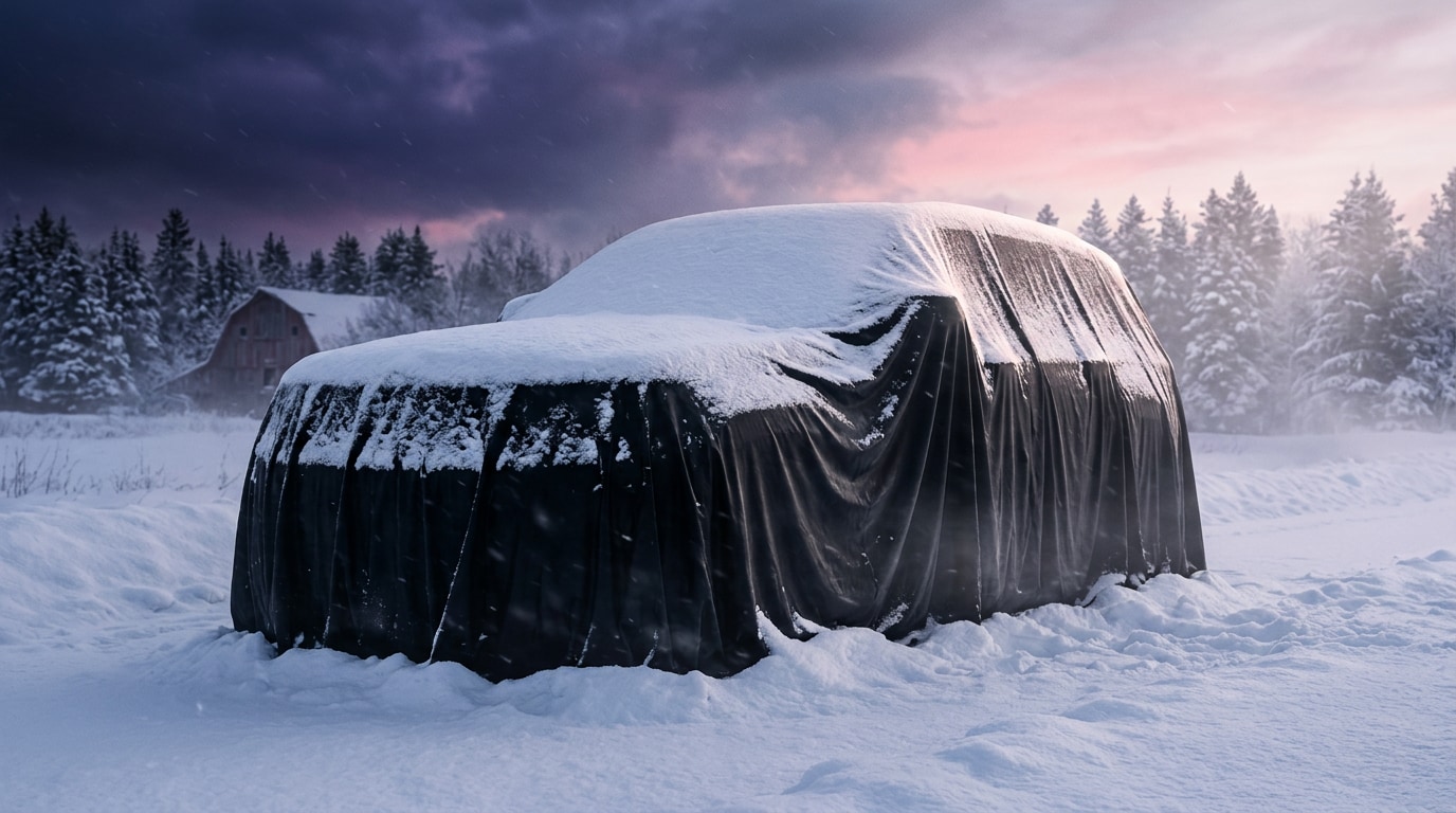 2027 Jeep Grand Cherokee 2-row covered at dawn outside a Minnesota lake home — reservation pre-reveal at Jay Malone CDJR in Hutchinson MN