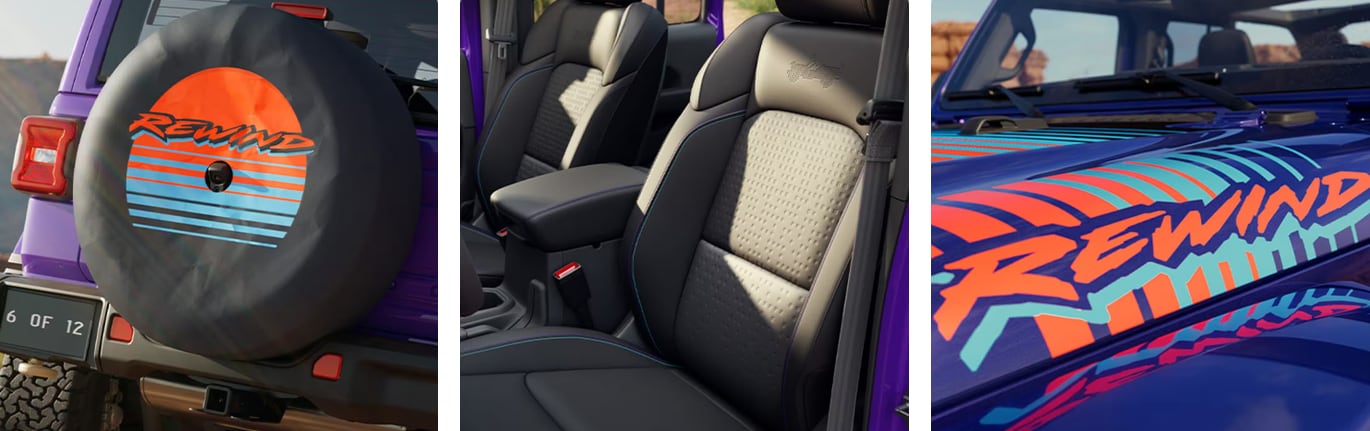 2026 Jeep Wrangler Rewind details including the Rewind spare tire cover, Iced Blue and Plum interior, and hood decals