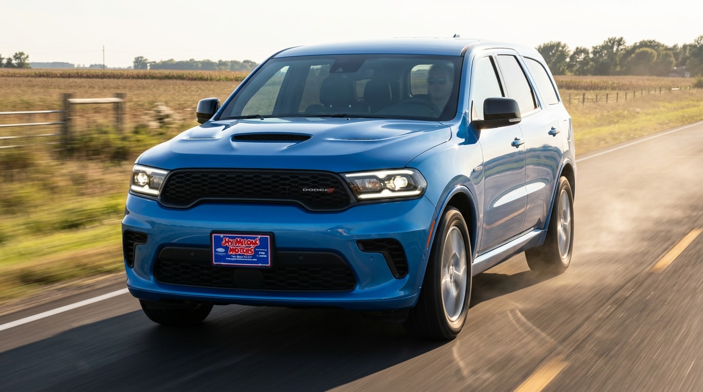 Dodge Durango at speed on a central Minnesota county highway — three-row HEMI V8 SUV at Jay Malone CDJR in Hutchinson, MN