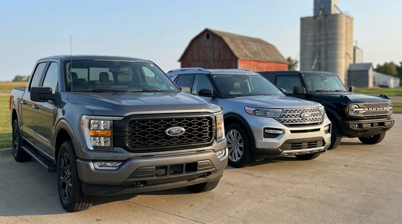 Ford F-150, Explorer, and Bronco lined up at Jay Malone Ford &mdash; Minnesota service and maintenance