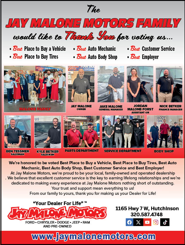 Jay Malone Motors thank-you ad for Best of Hutchinson 2026, listing six awards with photos of the Malone family, sales, parts, service and body shop teams