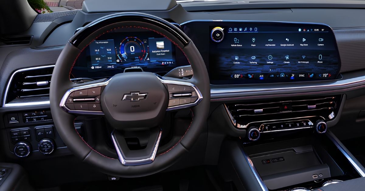 2026 Chevrolet Tahoe interior featuring a digital instrument cluster, infotainment screen, and leather-wrapped steering wheel.