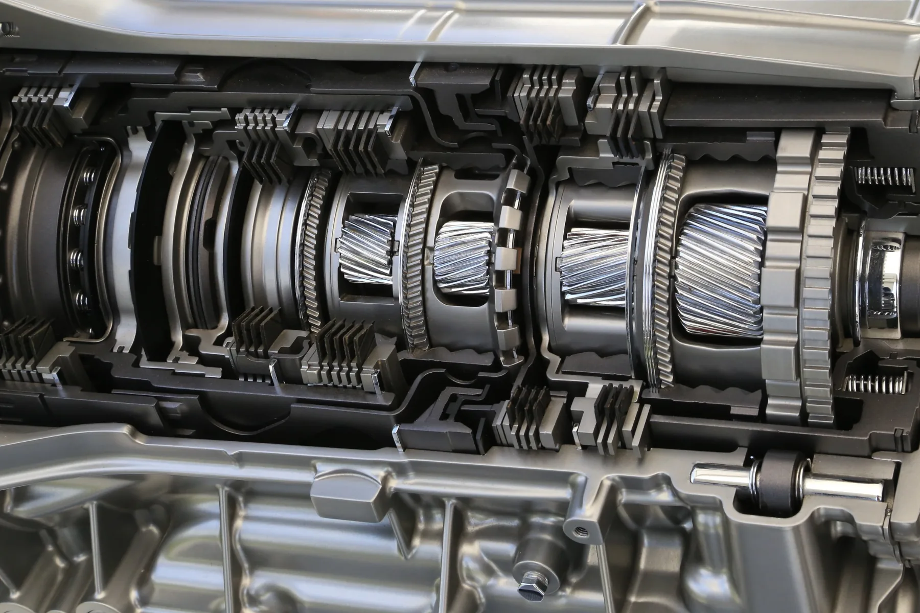 Cutaway view of an automatic transmission showing gears and clutch packs