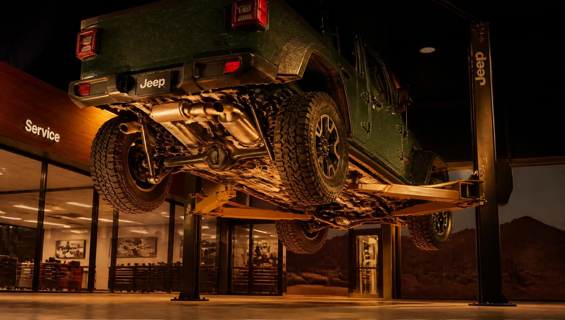 Jeep SUV raised on a service lift for transmission service in Las Vegas, NV