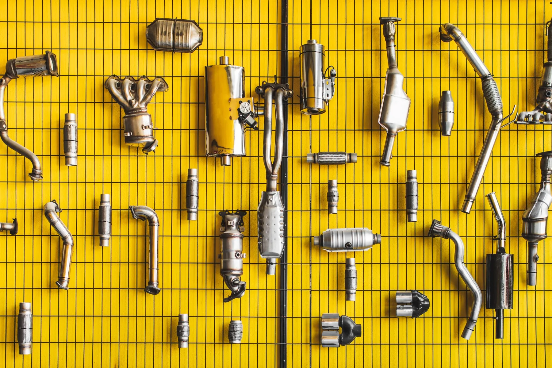 Wall of drivetrain and exhaust service parts at a Las Vegas Jeep dealership