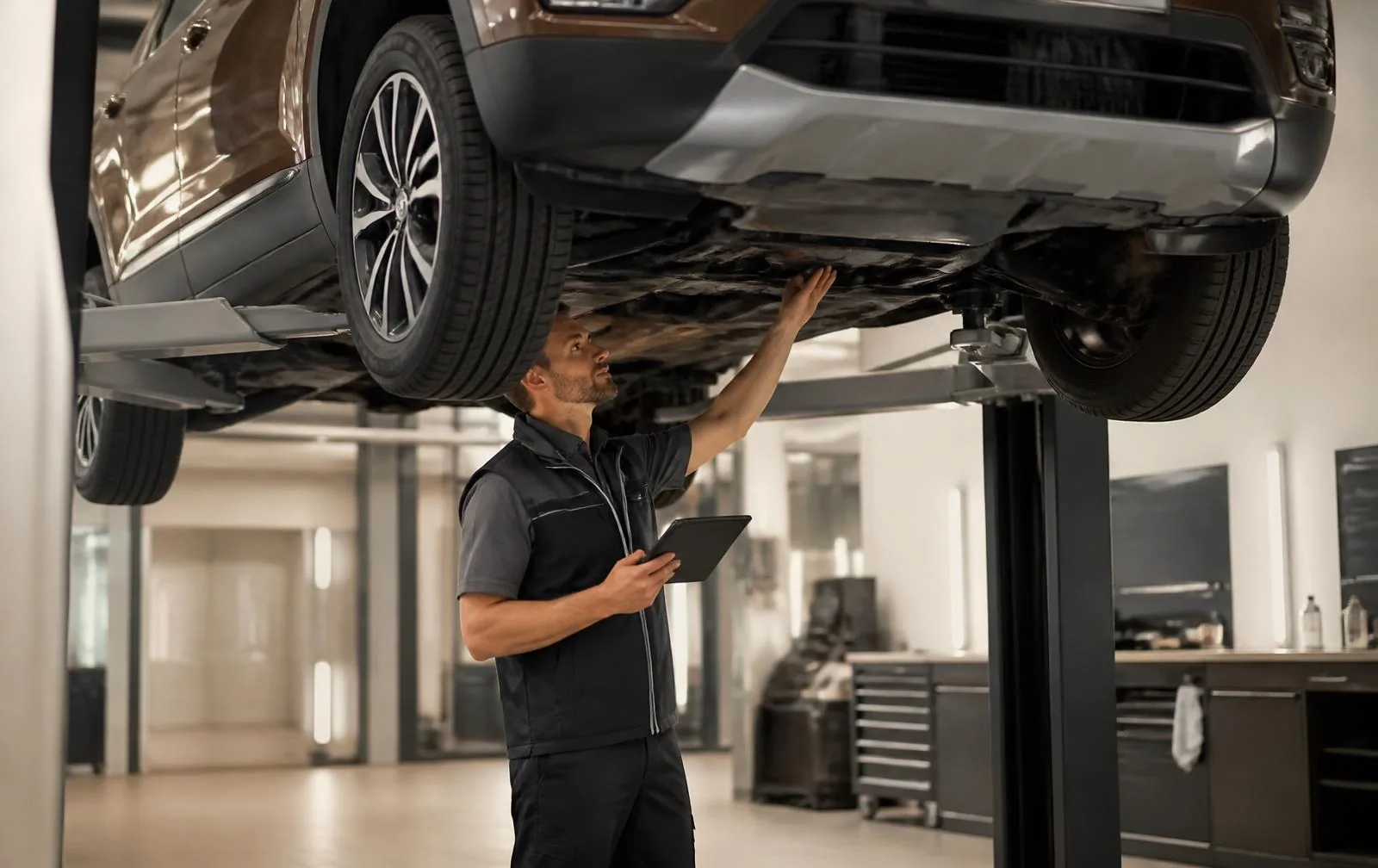 Technician inspecting the underside of a Jeep Grand Cherokee on a lift for a service and maintenance comparison with Toyota 4Runner