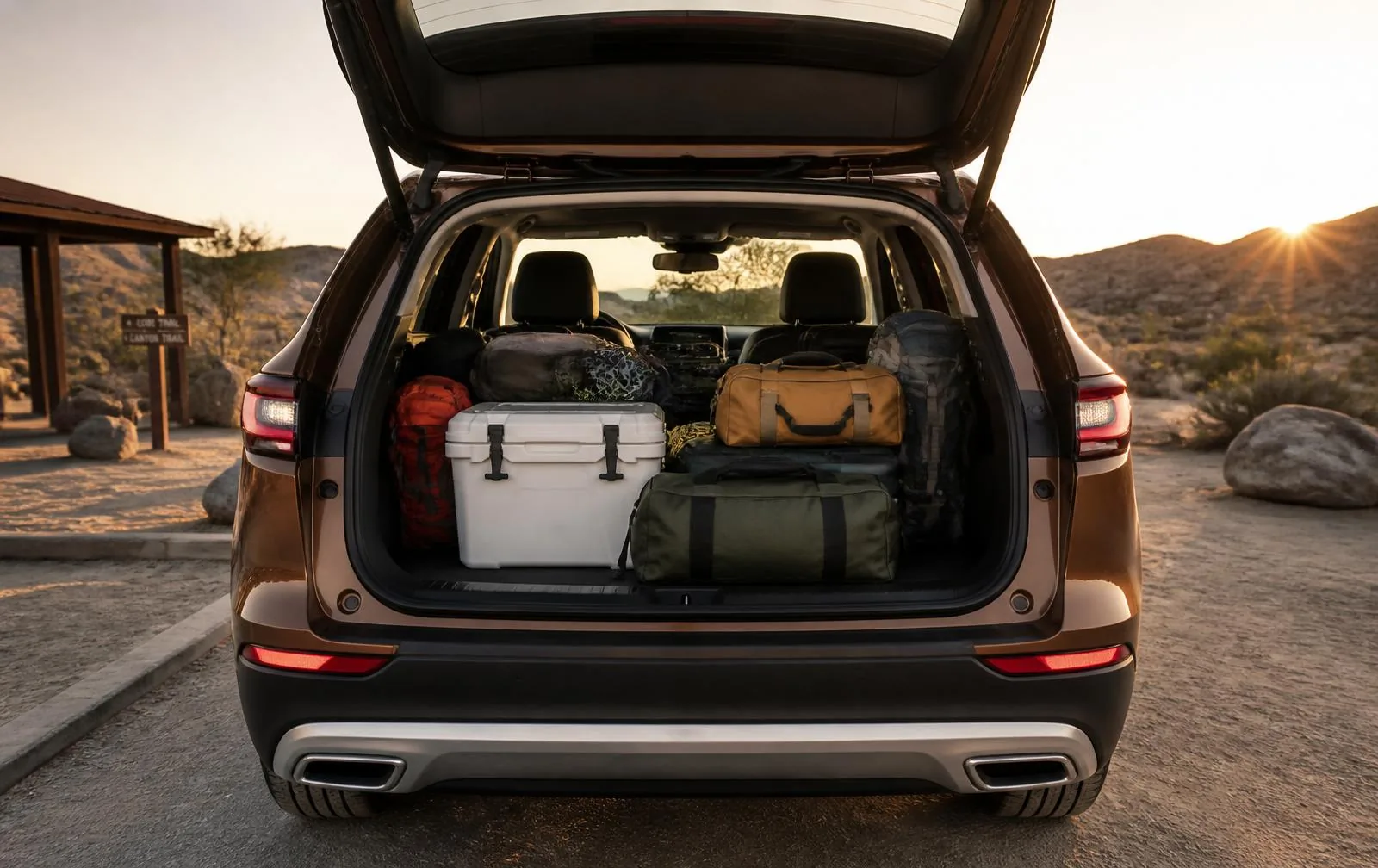 Open cargo area of a Jeep Grand Cherokee loaded with luggage and camping gear for a cargo space comparison with Toyota 4Runner